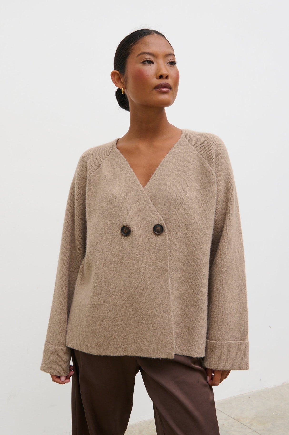 Aisha Double Breasted Knit Cardigan - Dusty Taupe