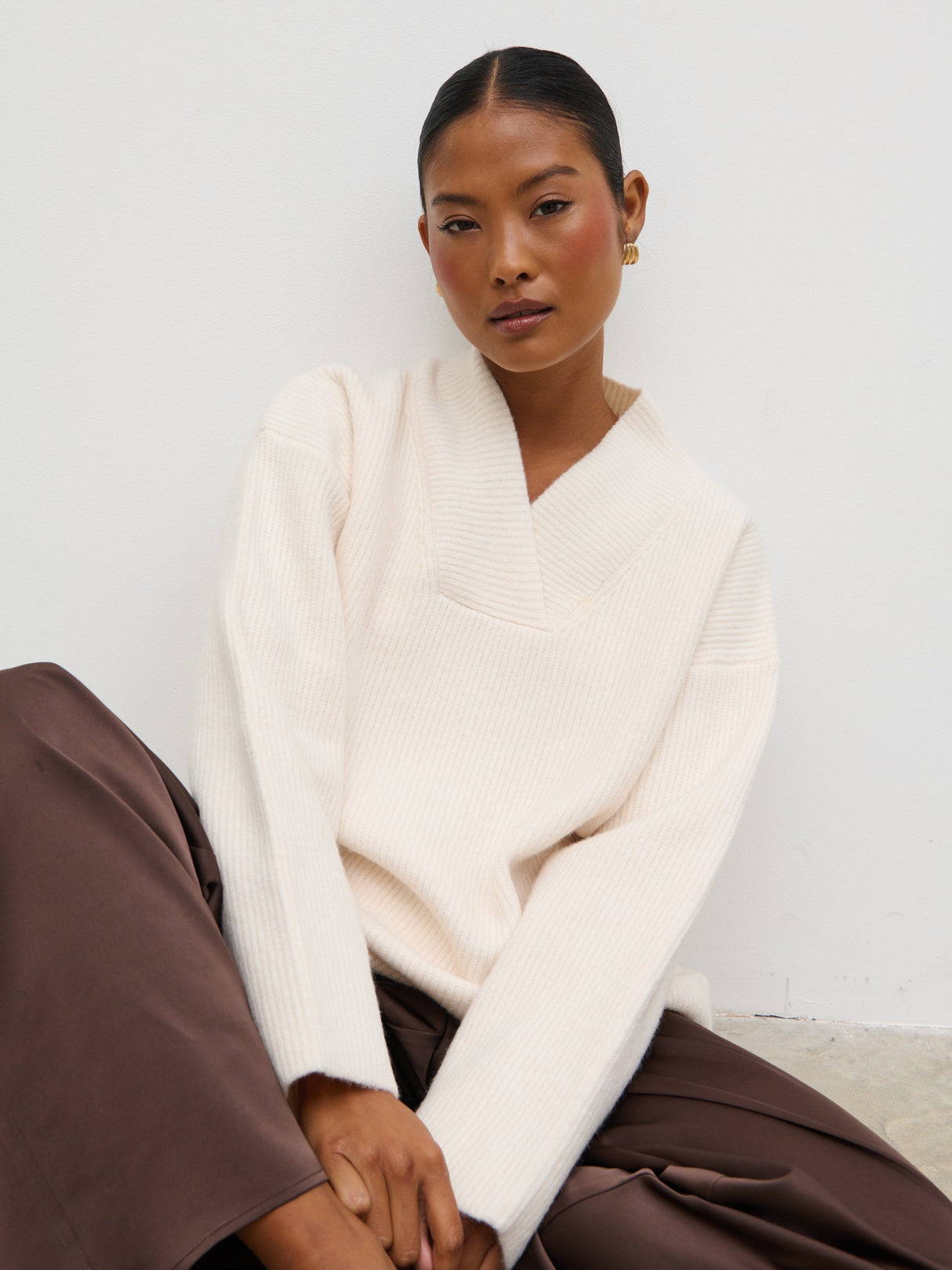 Briana Chunky V-Neck Knit Jumper - Cream