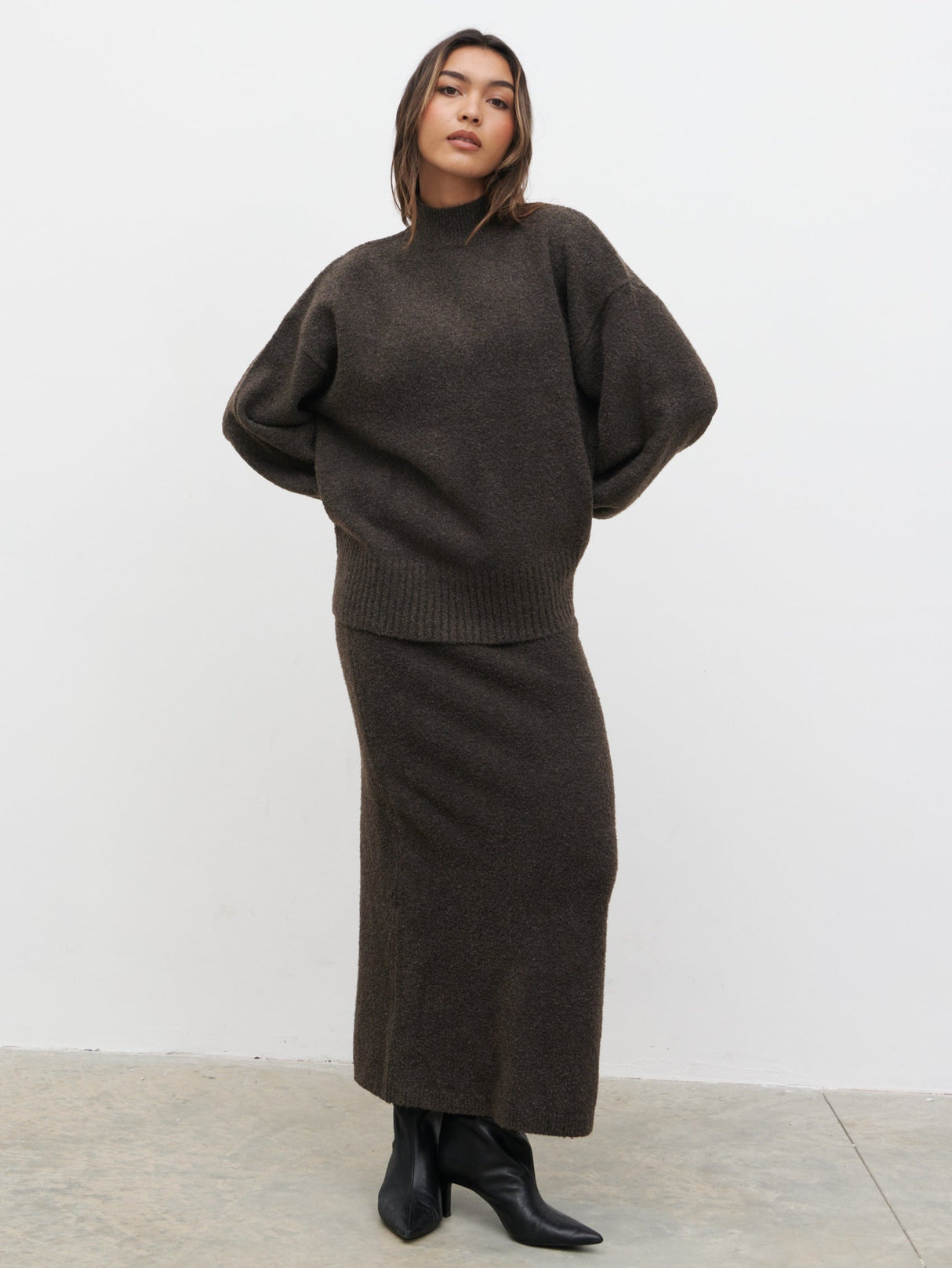 Camille Balloon Sleeve Knit Jumper - Bark