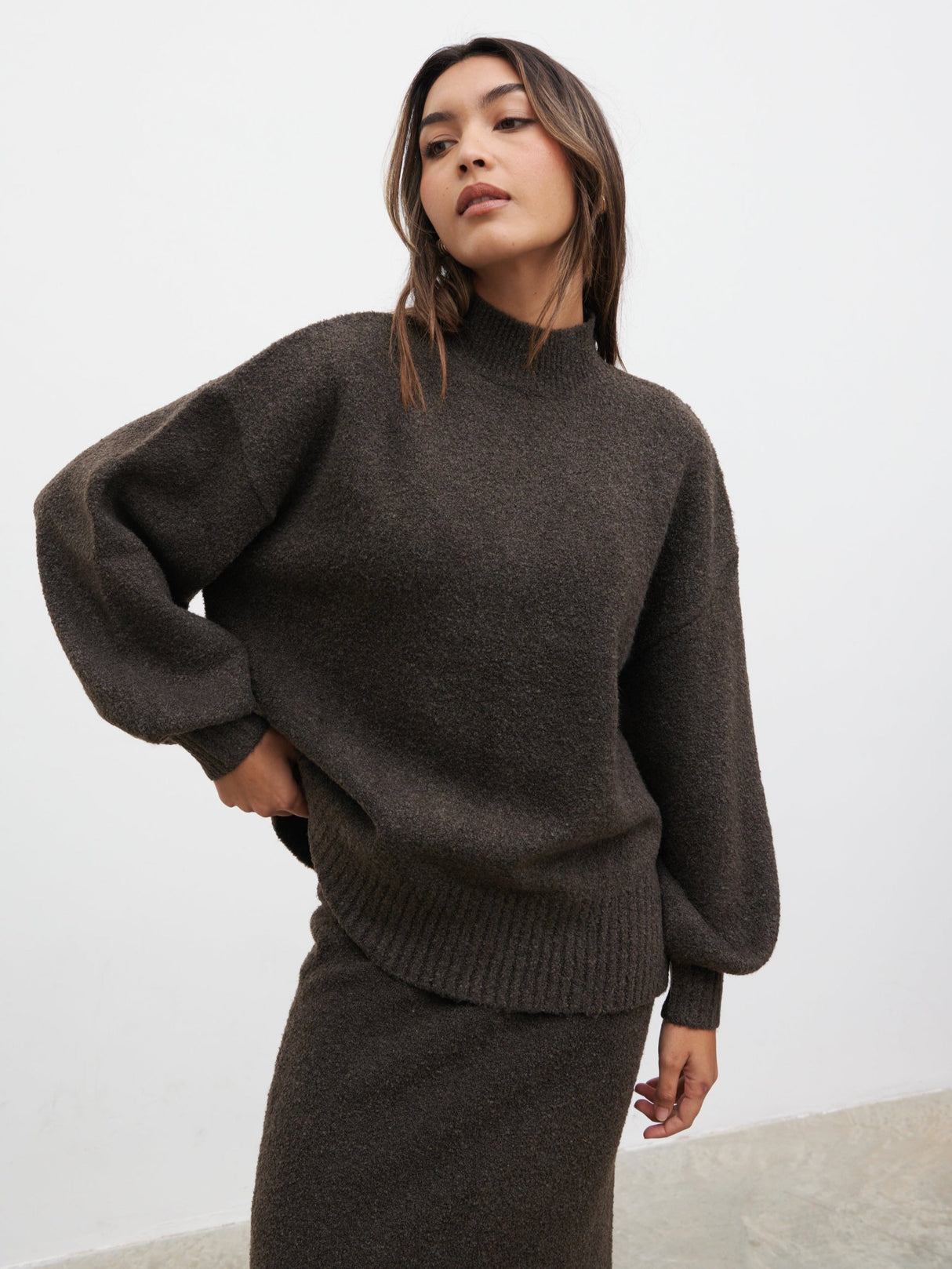 Camille Balloon Sleeve Knit Jumper - Bark