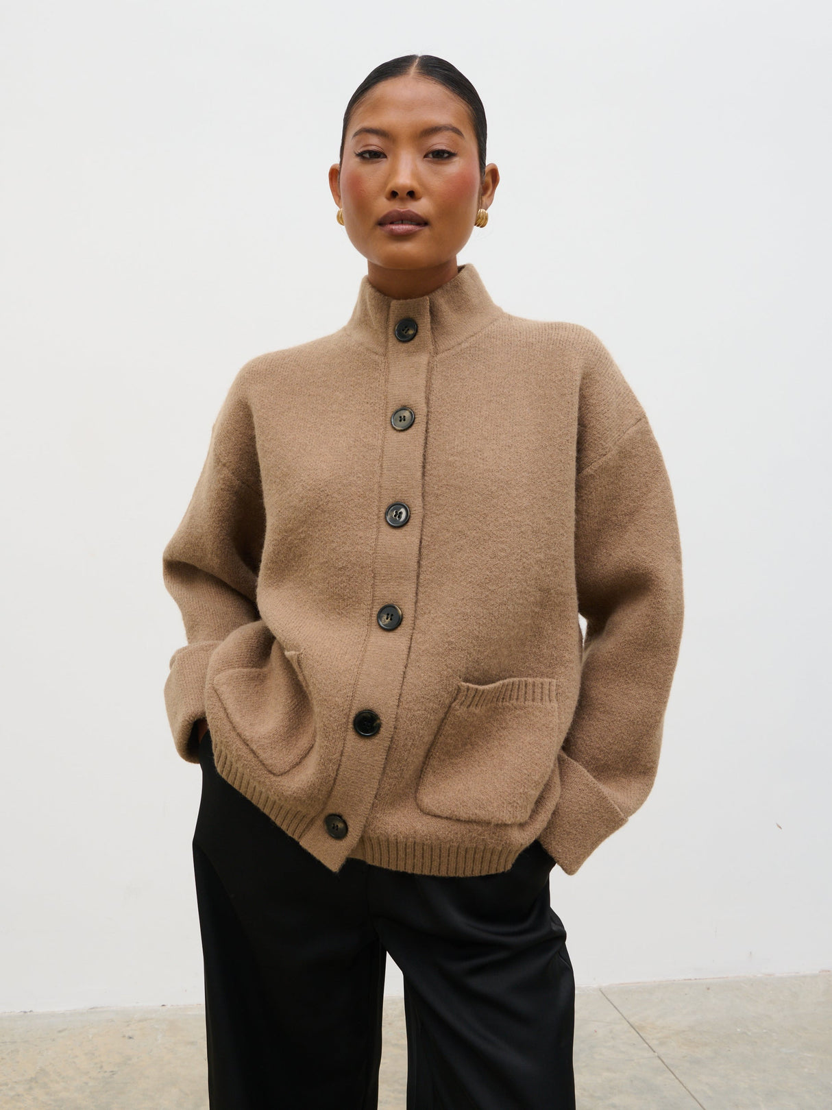 Leighton High Neck Knit Cardigan - Deep Beige Marl