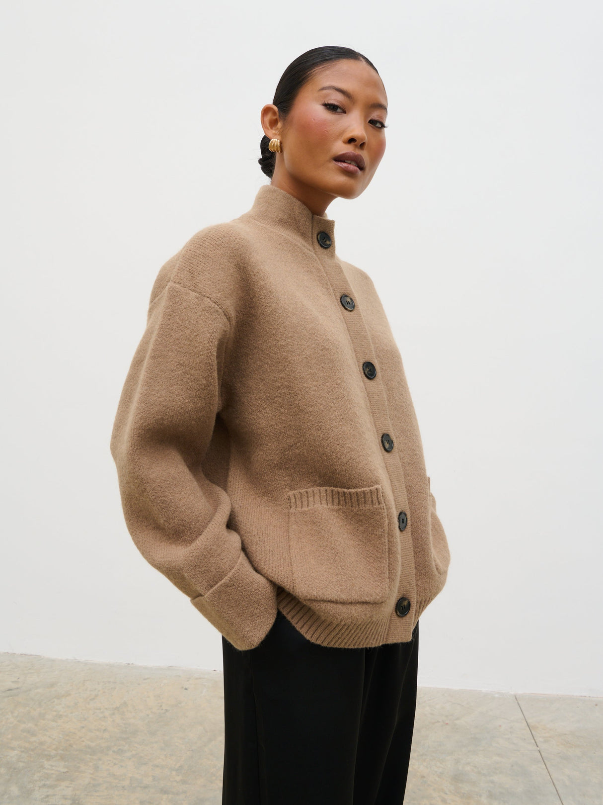 Leighton High Neck Knit Cardigan - Deep Beige Marl