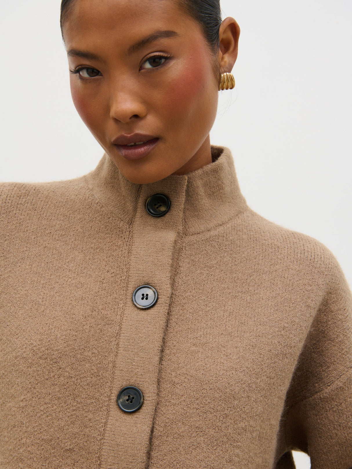 Leighton High Neck Knit Cardigan - Deep Beige Marl