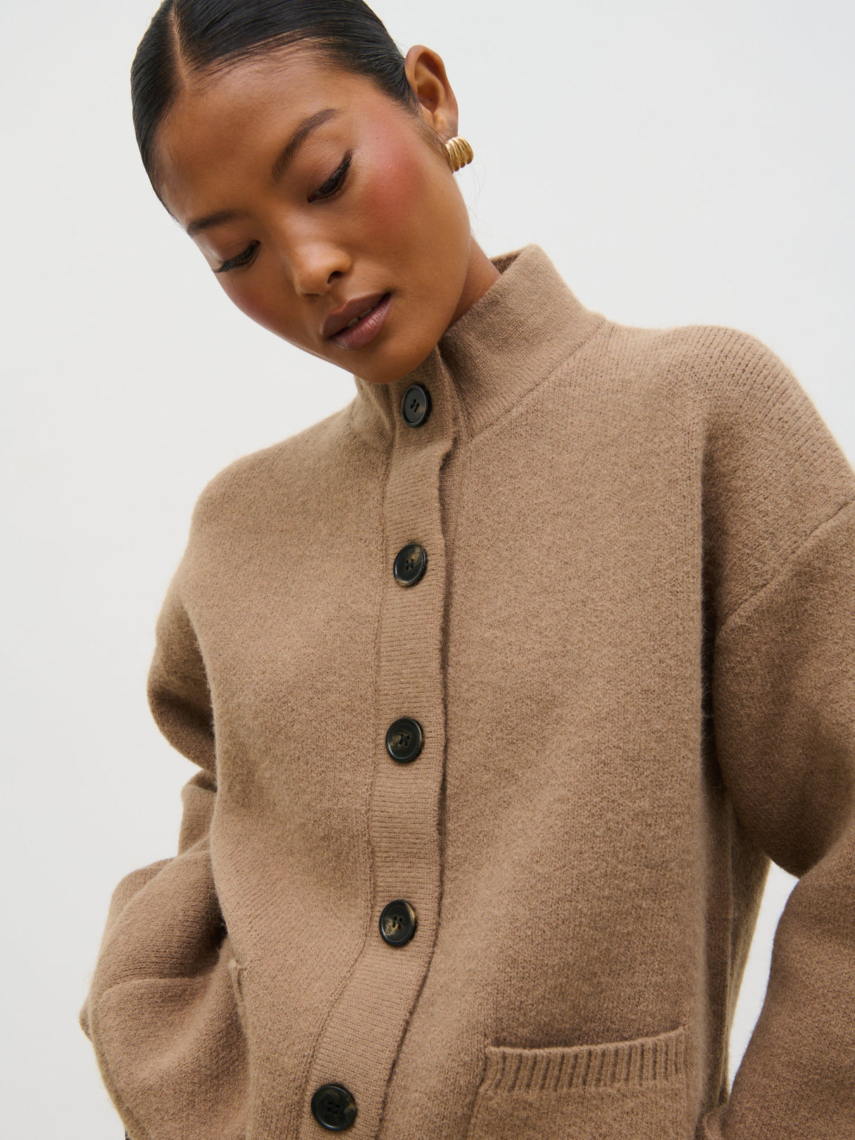 Leighton High Neck Knit Cardigan - Deep Beige Marl