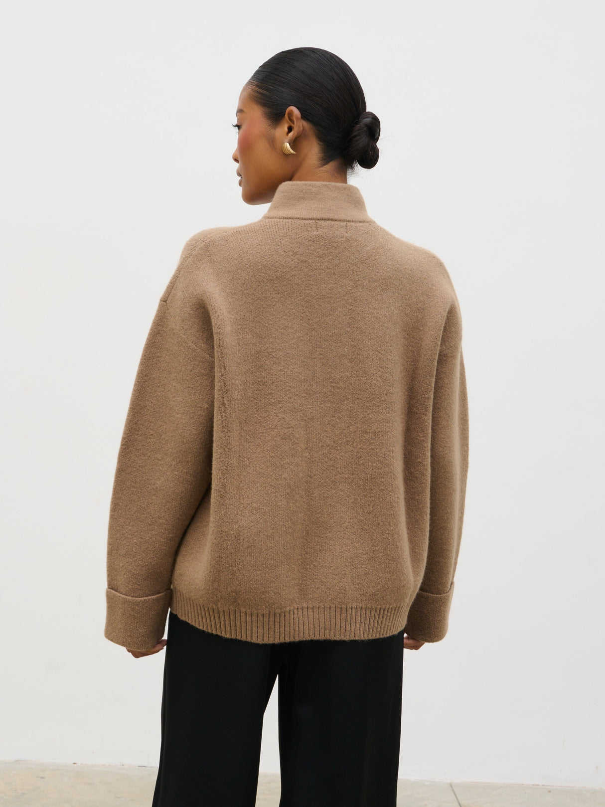 Leighton High Neck Knit Cardigan - Deep Beige Marl