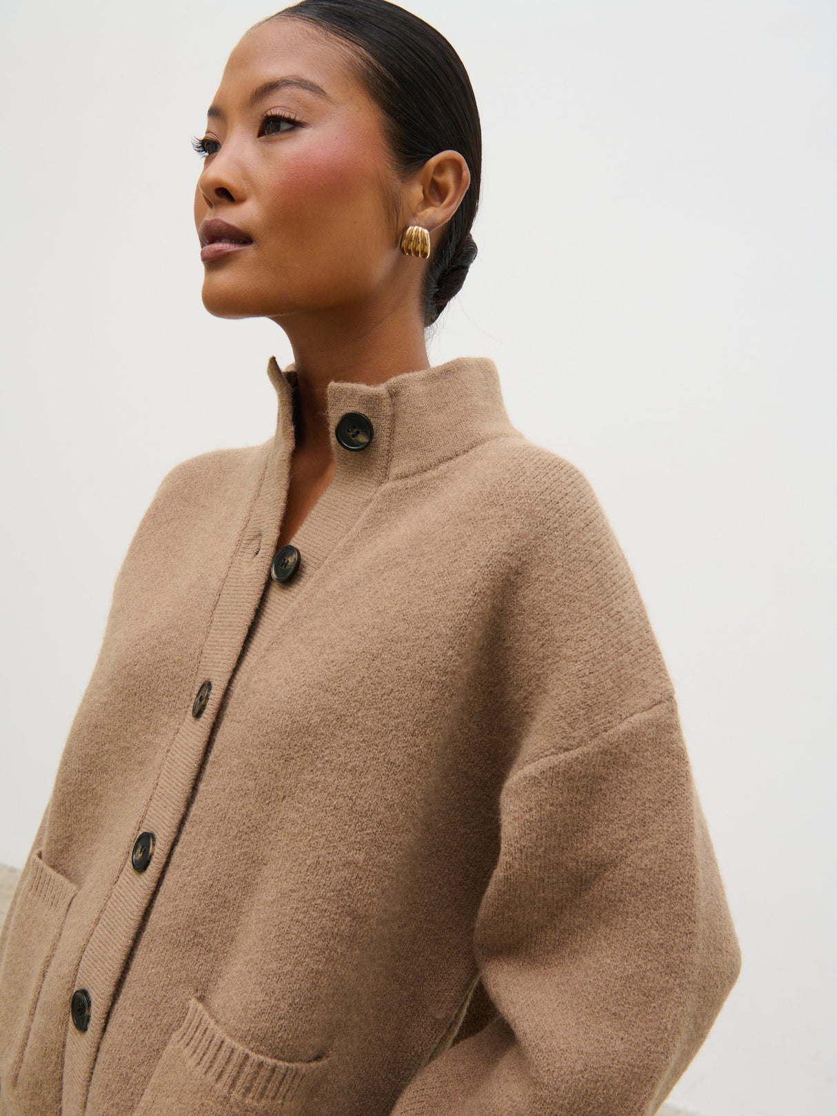 Leighton High Neck Knit Cardigan - Deep Beige Marl