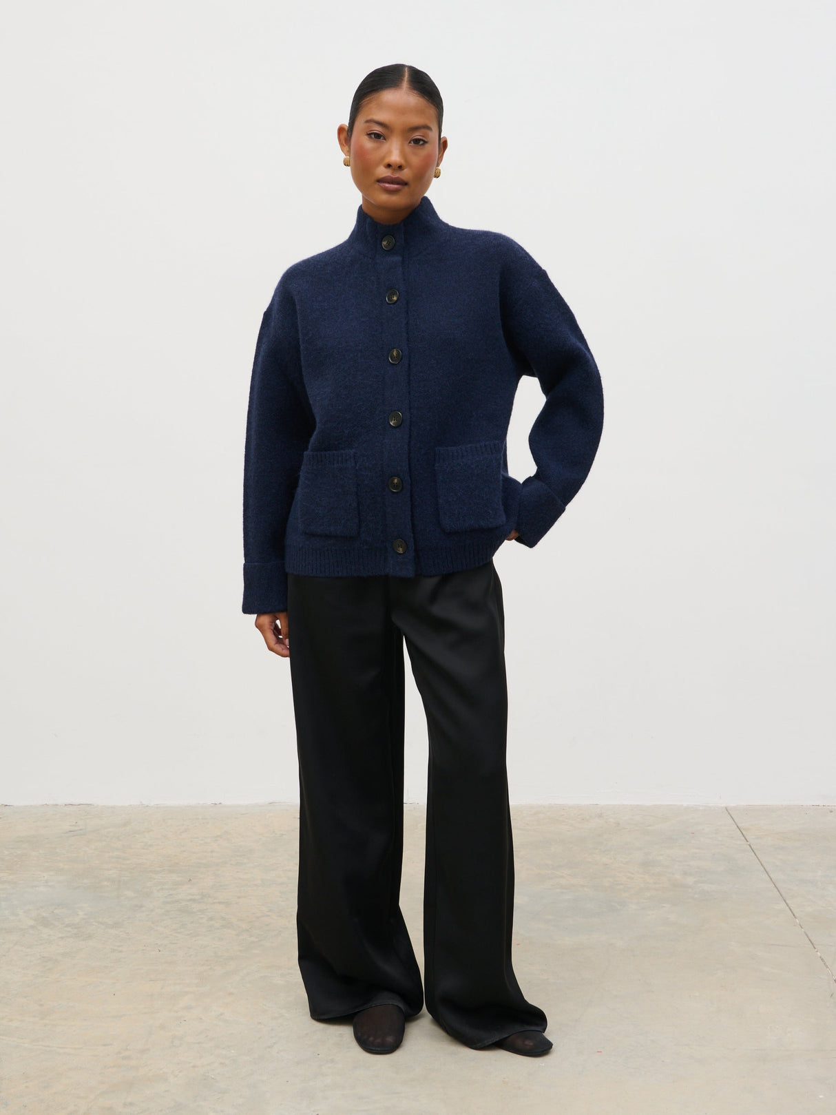 Leighton High Neck Knit Cardigan - Navy Marl