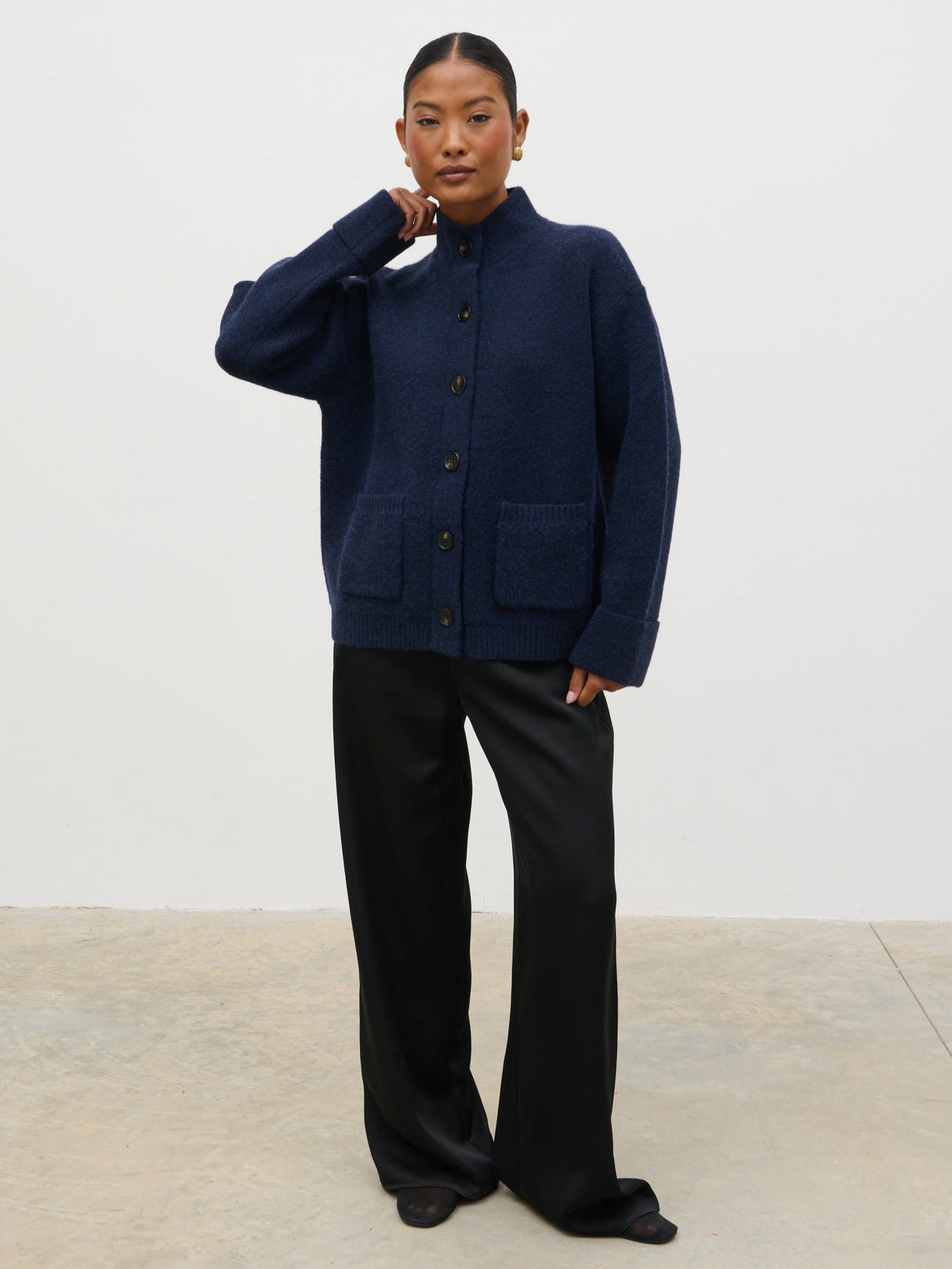 Leighton High Neck Knit Cardigan - Navy Marl