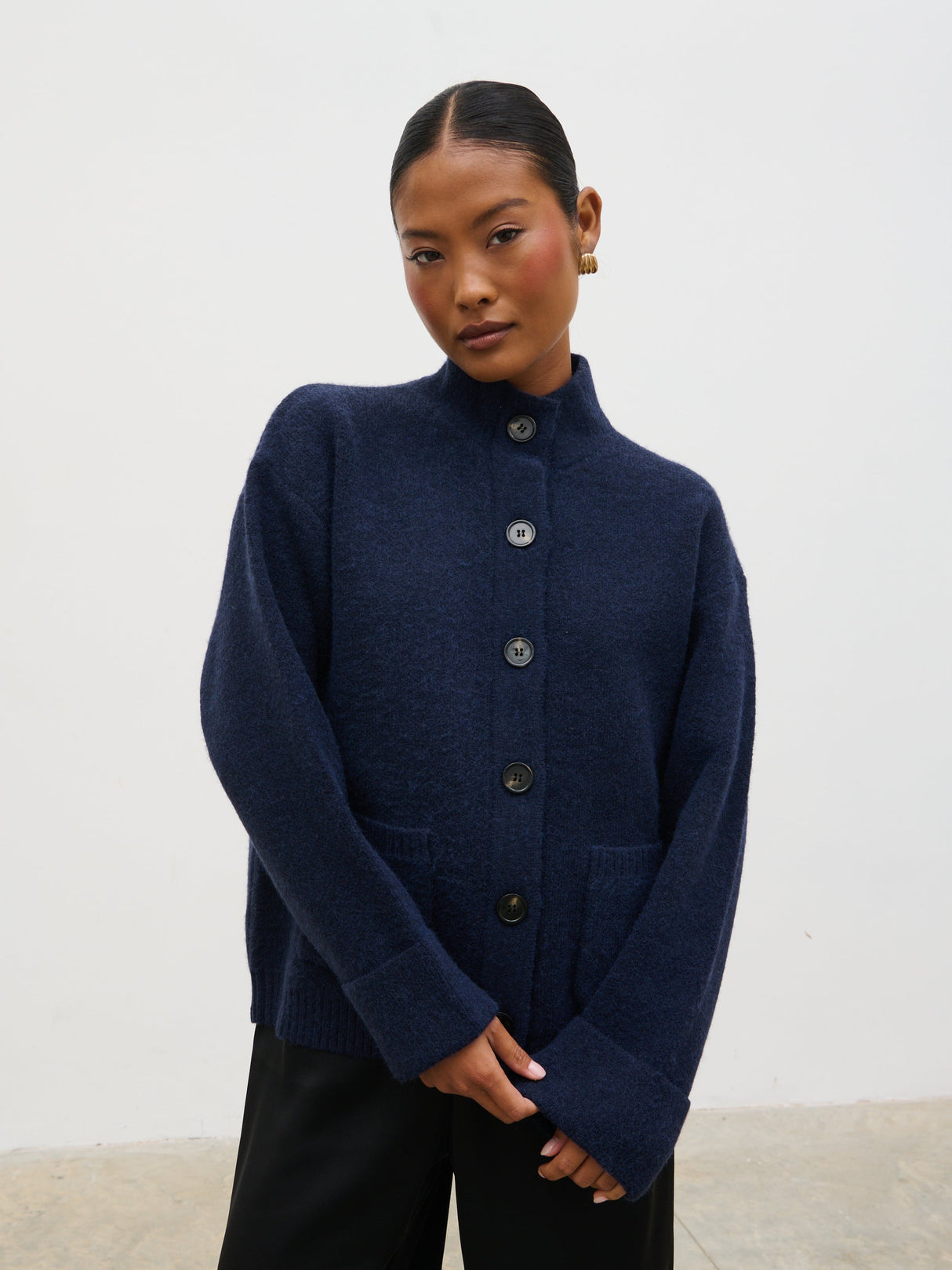 Leighton High Neck Knit Cardigan - Navy Marl