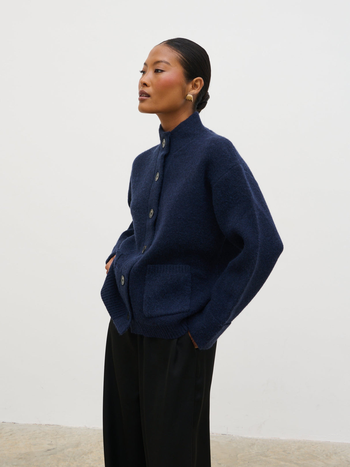 Leighton High Neck Knit Cardigan - Navy Marl