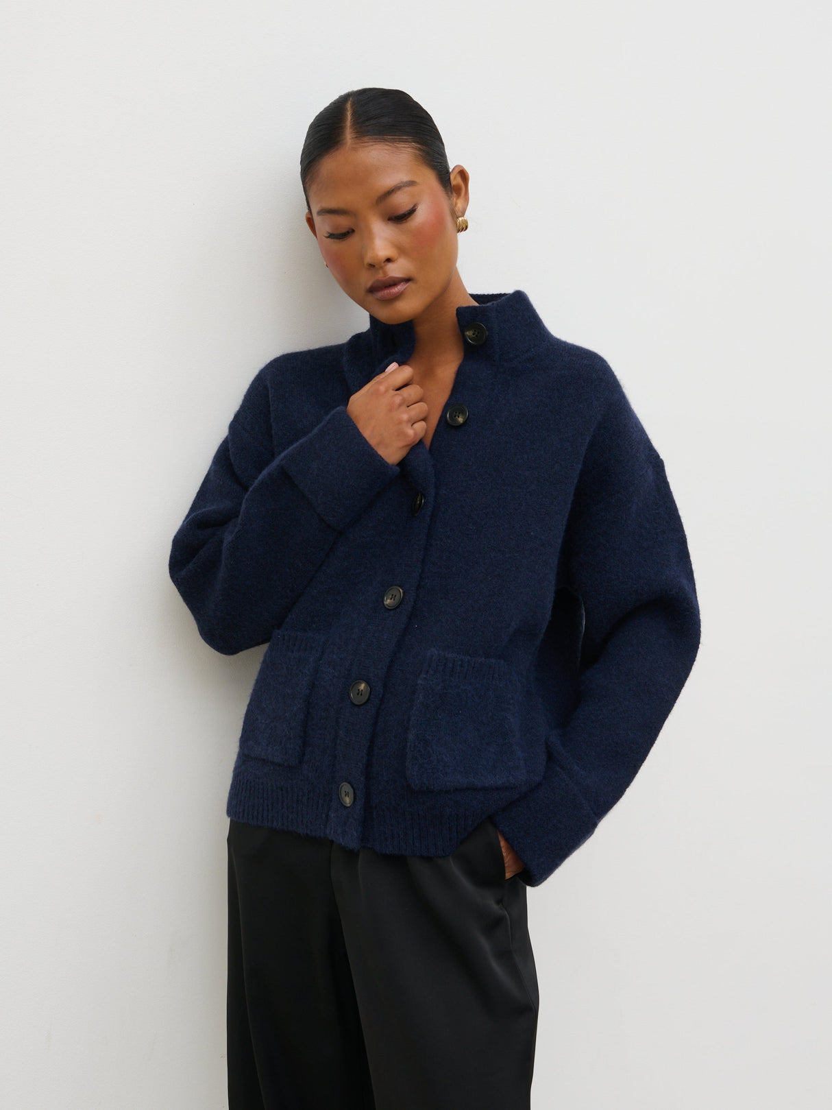 Leighton High Neck Knit Cardigan - Navy Marl
