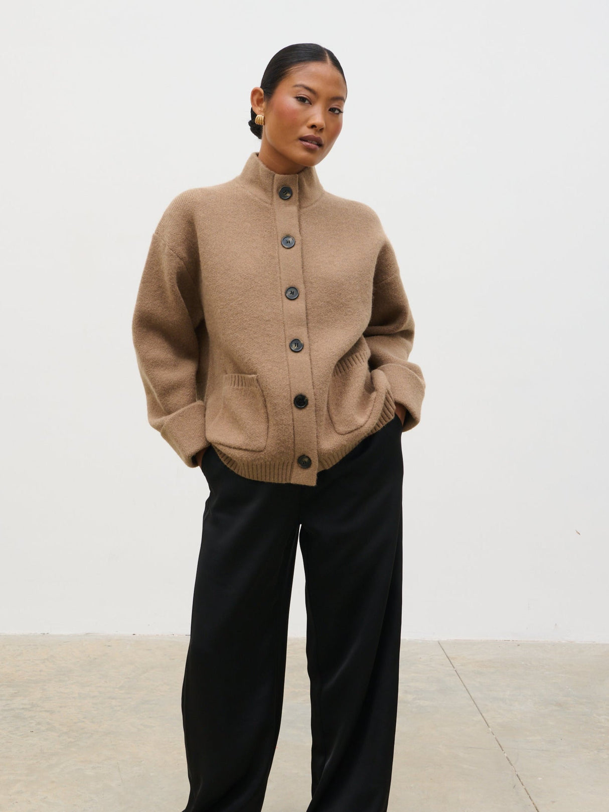 Leighton High Neck Knit Cardigan - Deep Beige Marl