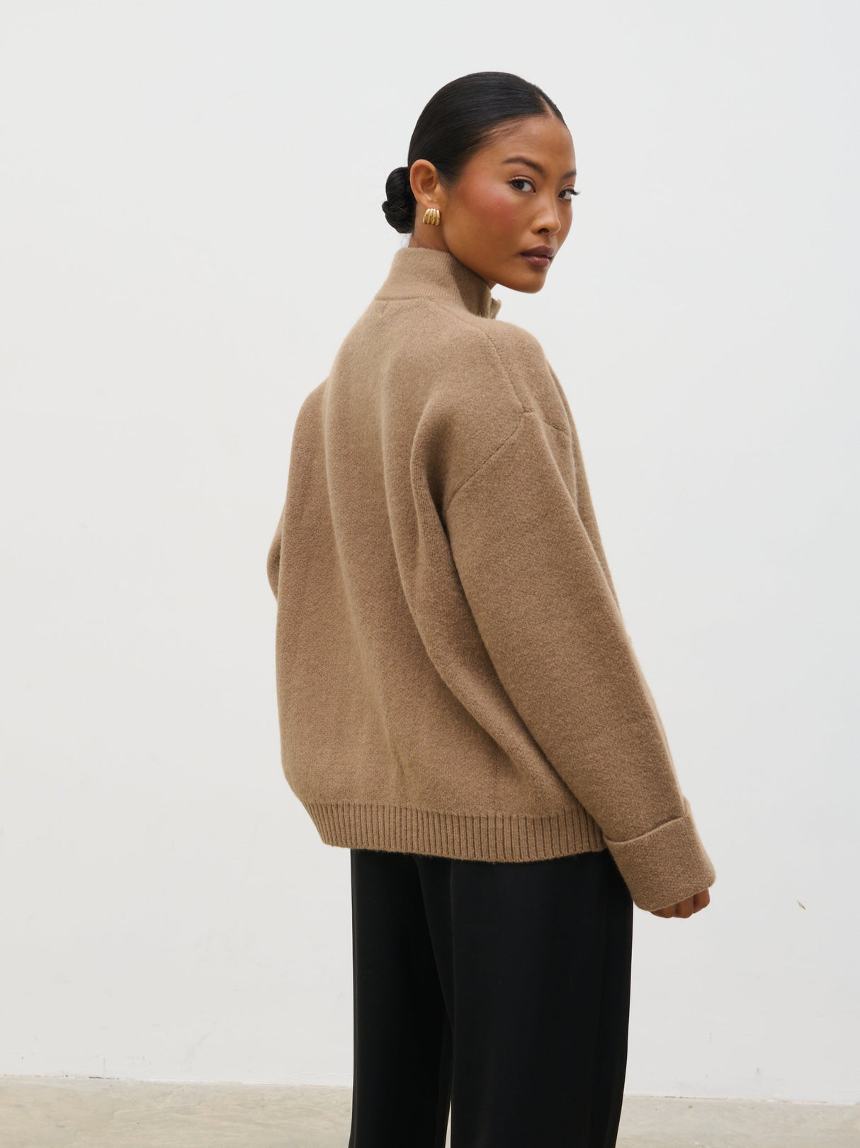 Leighton High Neck Knit Cardigan - Deep Beige Marl