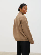 Leighton High Neck Knit Cardigan - Deep Beige Marl